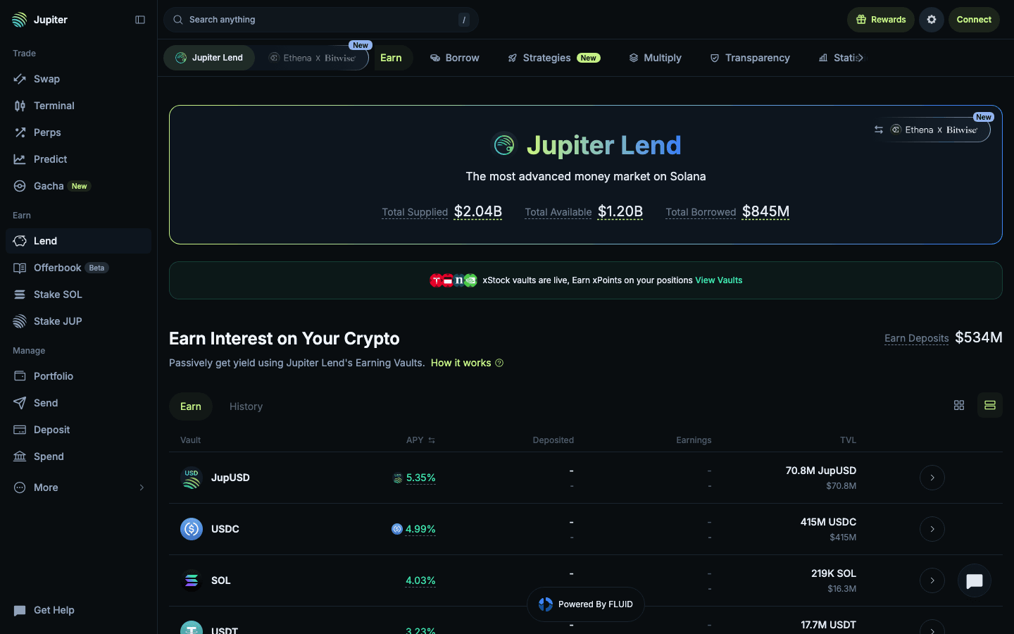 Public Jupiter Lend interface showing earning vaults