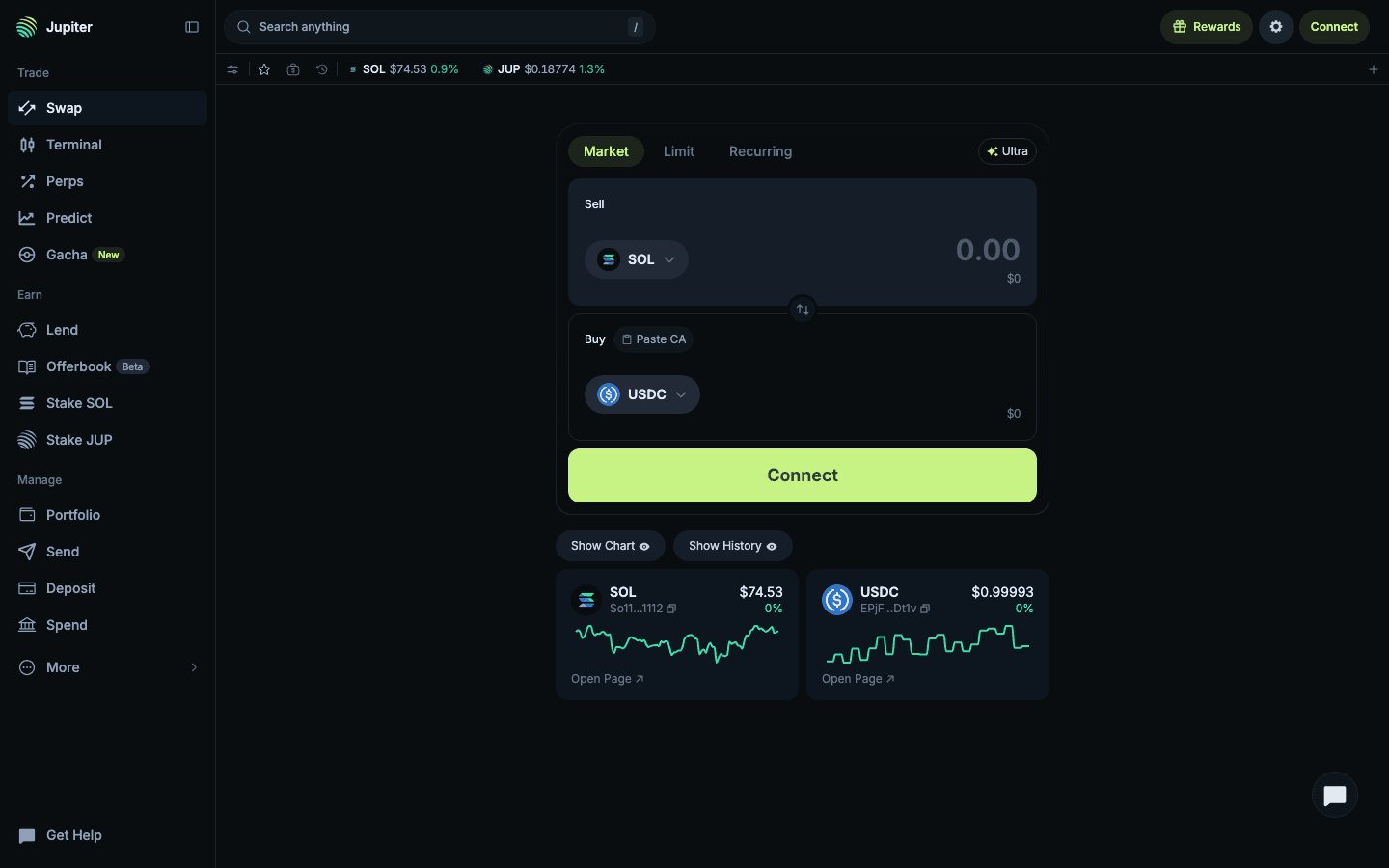 Public Jupiter swap interface showing a SOL to USDC trade