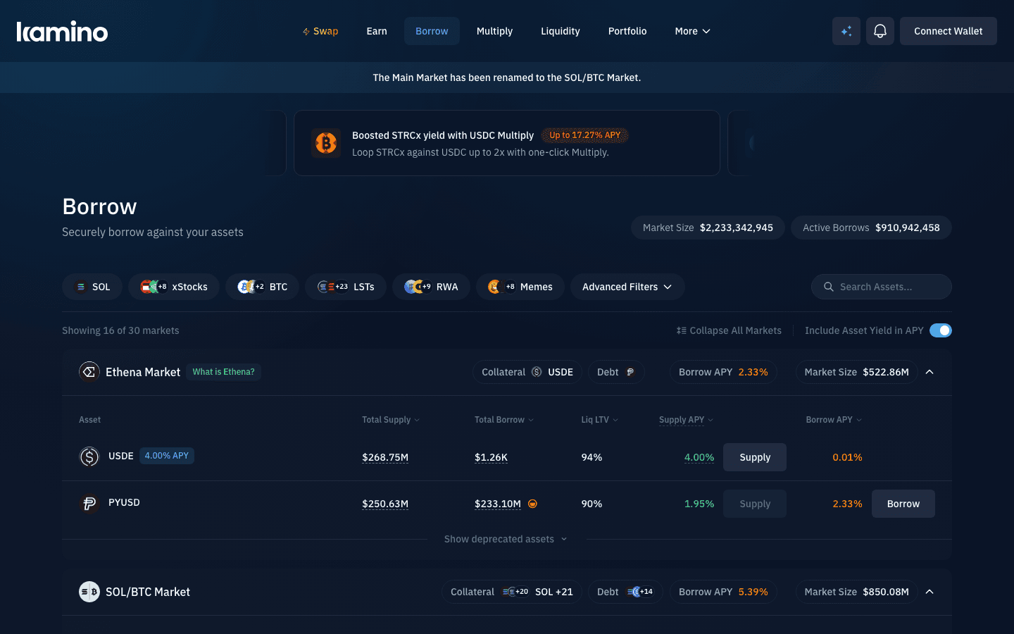Public Kamino borrow interface showing lending markets