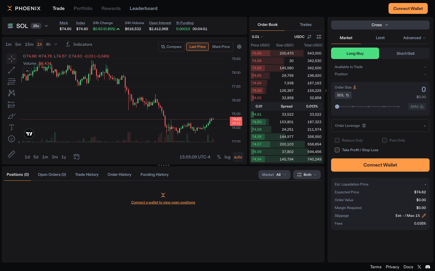 Public Phoenix perpetual trading interface showing the SOL market