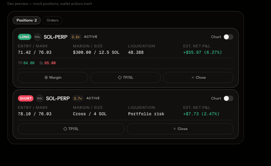 Arc perpetual positions panel with long and short SOL positions
