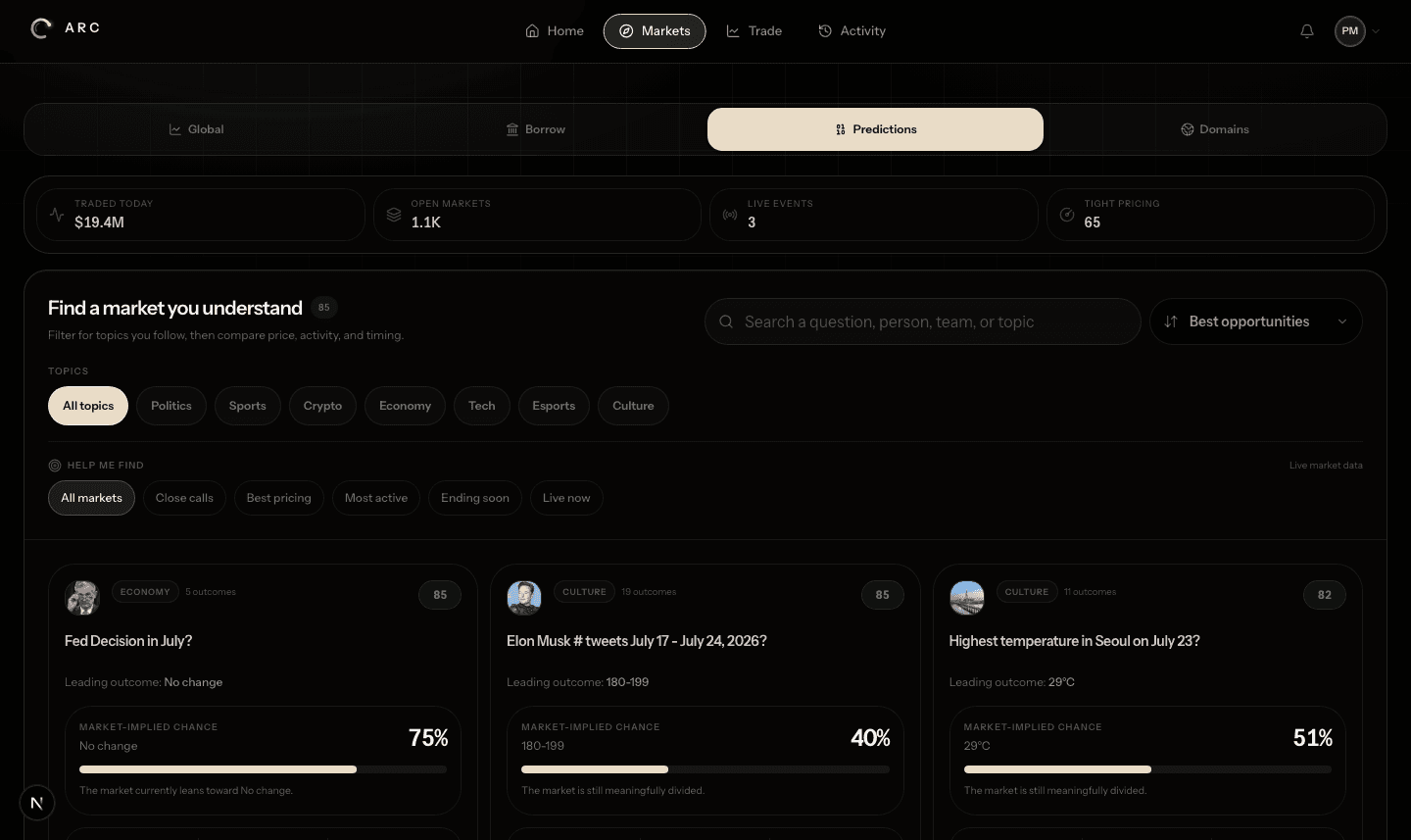 Arc prediction market screen showing Jupiter Predict events and probabilities