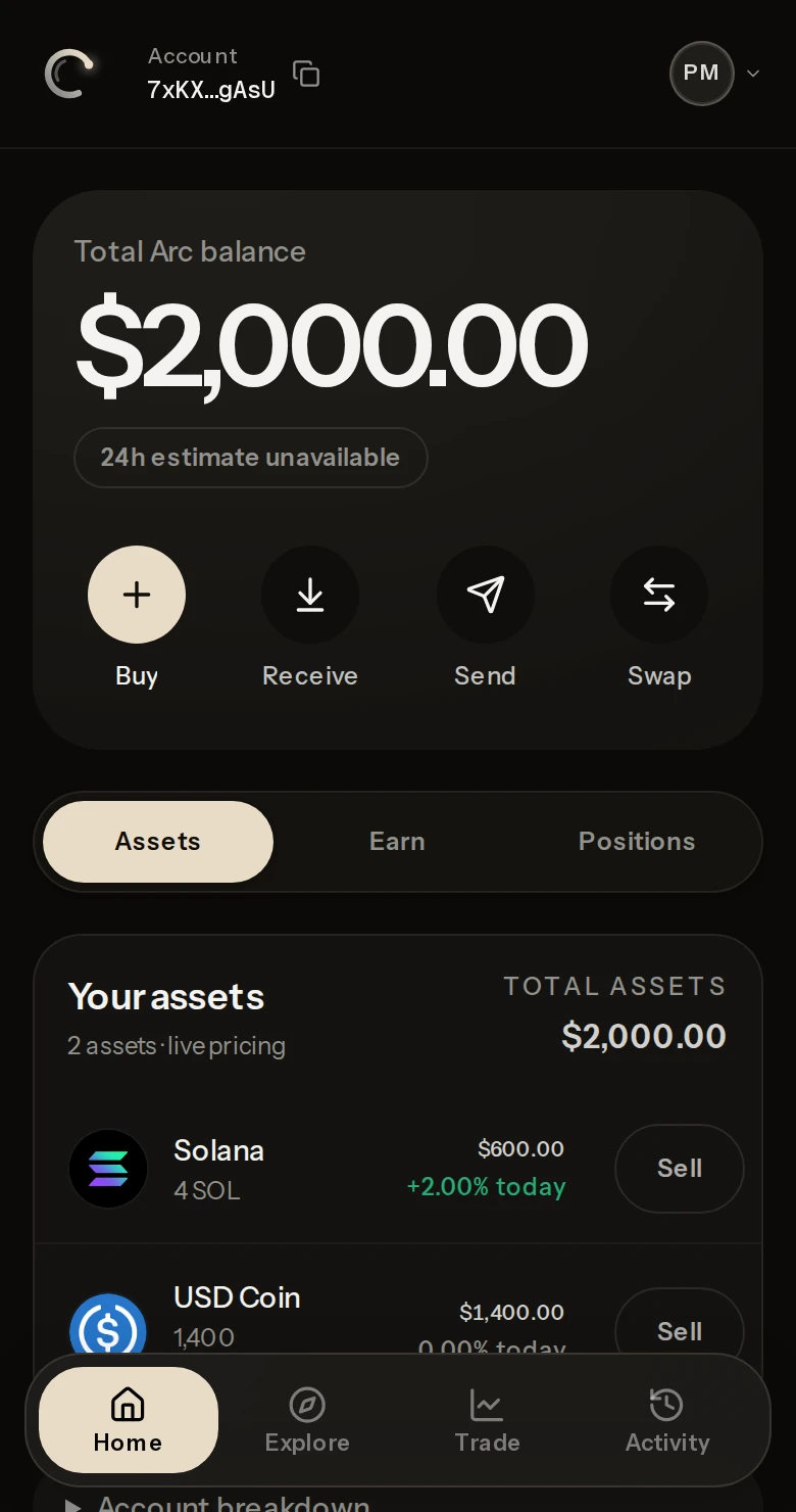 Current Arc Home screen showing a sample total balance, common actions, and assets