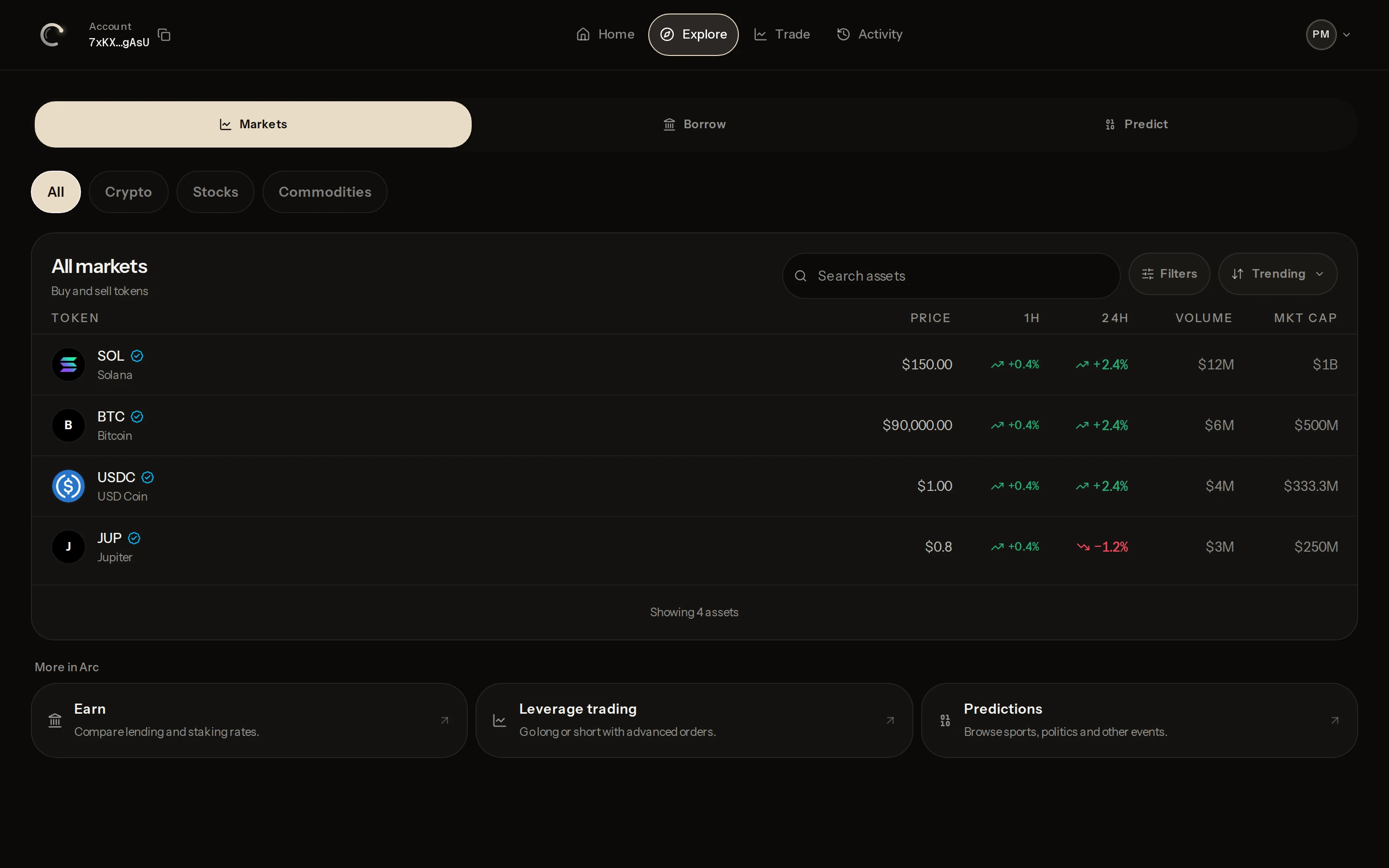 Current Arc Explore screen with example token prices